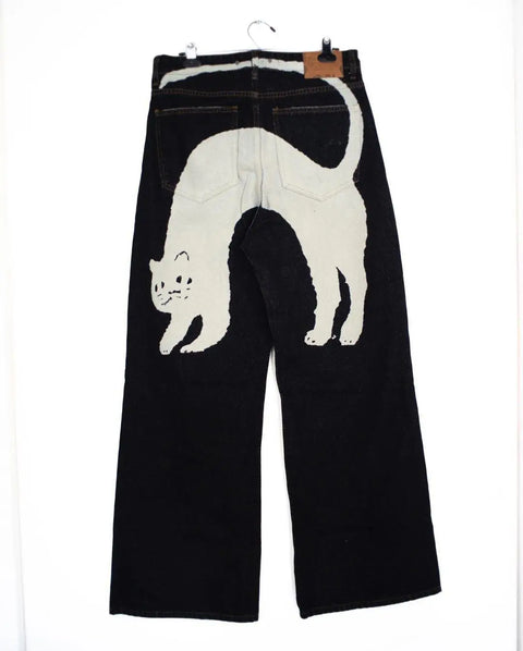 Unique Black Jeans with Charming White Cat Print Design Women's Fashion Harajuku Y2K Causal Personality Straight Wide Leg Pants