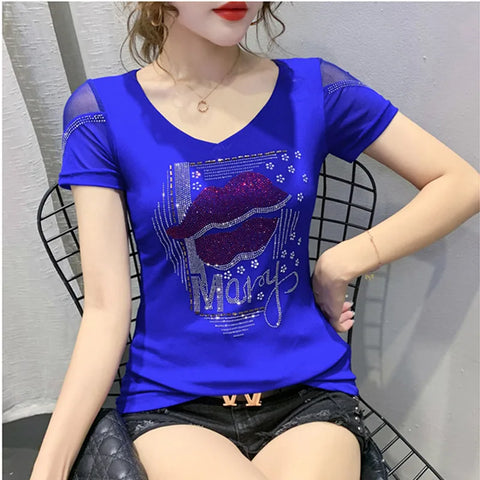 2024 New T-shirt Casual Short Sleeve Fashion Luxury Eiffel Tower Diamonds Women Tops High-End Sexy Back Mesh Tees High Quality