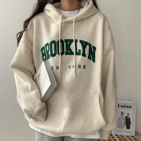 American Style printed Letter Hooded Sweatshirt Women's Loose Fit Thickened Fleece Lined Cross-border Clothing