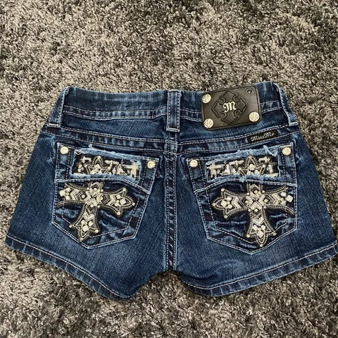 Street Y2K Spice Girl Vintage Low Waist Sequins Niche Design Slim Fit Washed Straight Jeans