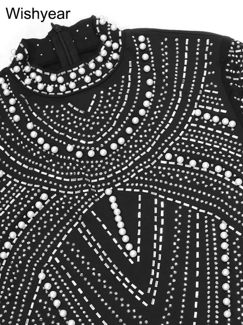 New Sparkle Rhinestone Pearl Mini Dress Women Luxury Stand Neck Crystal Night Club Short Evening Party Vestidos Birthday Outfits