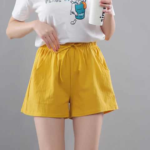 Women Shorts Summer 2025 Korean Wide Leg Casual Solid Drawstring Elastic Waist Shorts Girls Cotton Women's Mini Biker Shorts