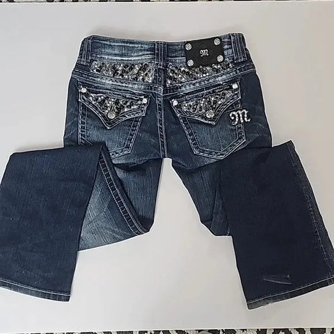 Street Y2K Spice Girl Vintage Low Waist Sequins Niche Design Slim Fit Washed Straight Jeans