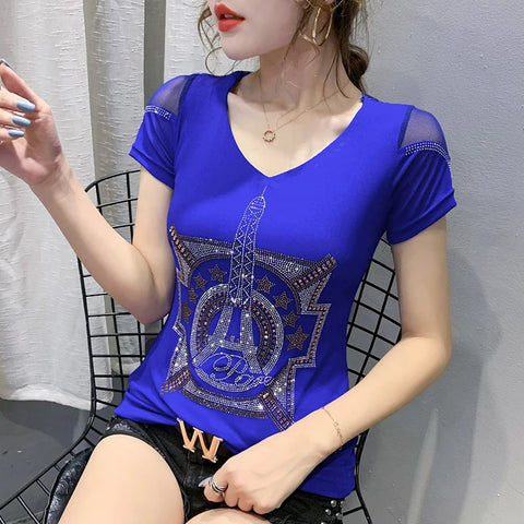 2024 New T-shirt Casual Short Sleeve Fashion Luxury Eiffel Tower Diamonds Women Tops High-End Sexy Back Mesh Tees High Quality