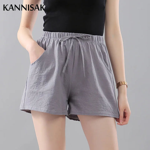 Women Shorts Summer 2025 Korean Wide Leg Casual Solid Drawstring Elastic Waist Shorts Girls Cotton Women's Mini Biker Shorts