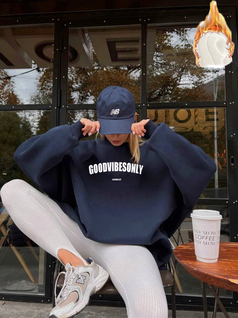 Hirsionsan Letter Print Loose O Neck Sweatshirt Women Korean Casual Pullovers Oversized Warm Loose  Female Sportwear 2023 New