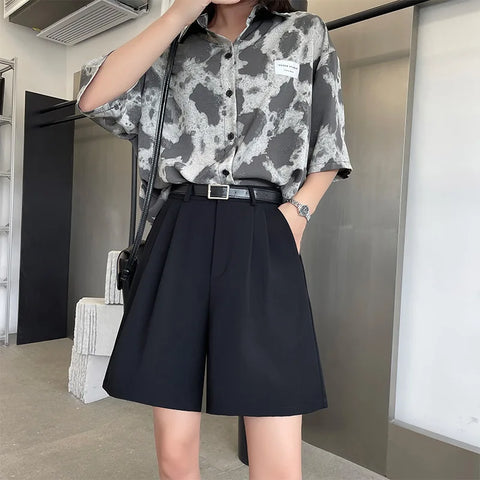 Fashion Wide Leg Suit Shorts Woman Summer Thin Breathable Knee Length Shorts Women Loose Solid Color Elastic Waist Short Pants