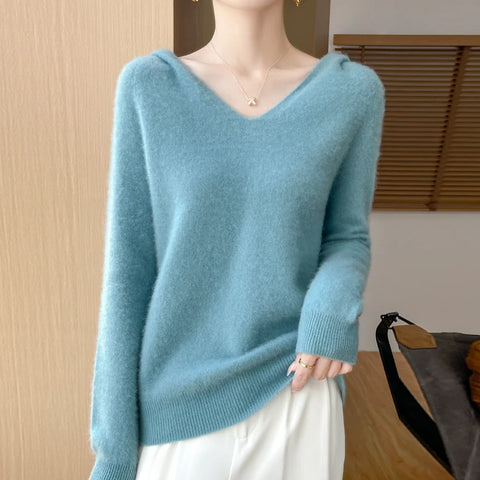2025 New Women's Hooded Sweater 100% Merino Wool Seamless Knit Long Sleeve Pullover Cozy Comfort Fit Versatile Daily Wear