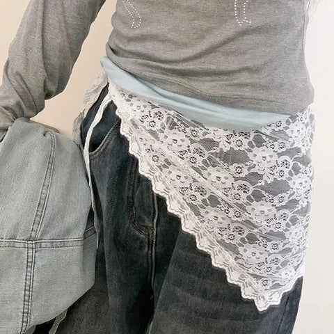 Korean Fashion Lace Irregular Skirt Curtain White Flowers Lace Mesh Halfbody Skirt Women Summer Bottoms Jeans Decorative Hemline