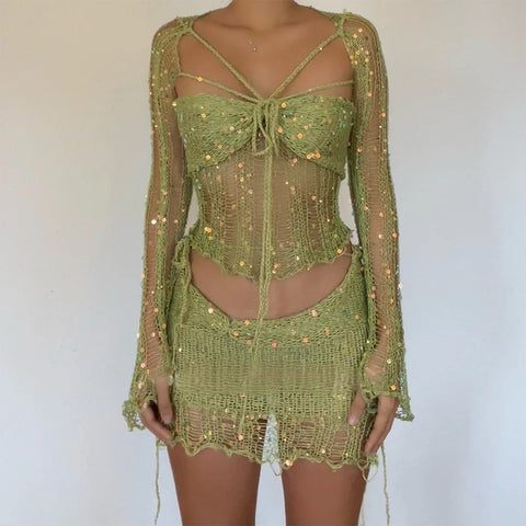 Sexy Beach Women's Fishnet Skirt Suits Summer Sequin Hollow Out Lace Up Long Sleeve Tube Tops + Wrap Hip Mini Skirt 2 Piece Set