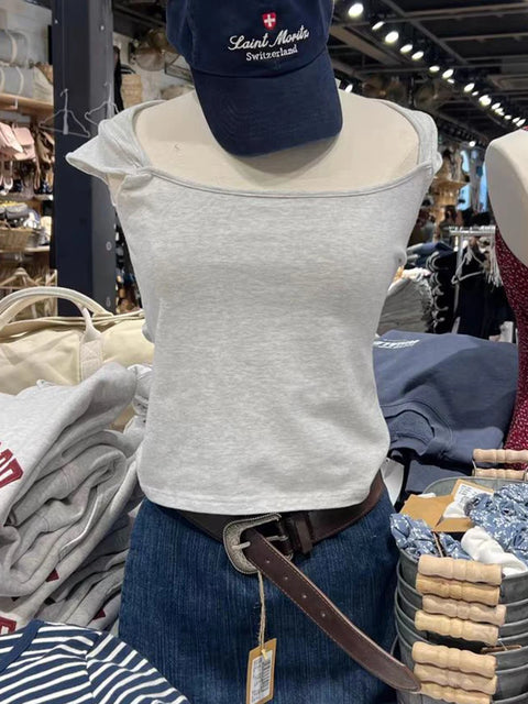 Sweat Sleeveless Slim T-shirt Woman Summer Roll Hem Square Collar Cotton Tee Shirt School Style Cute Streetwear Y2k Crop Top