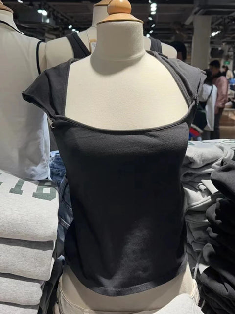 Sweat Sleeveless Slim T-shirt Woman Summer Roll Hem Square Collar Cotton Tee Shirt School Style Cute Streetwear Y2k Crop Top