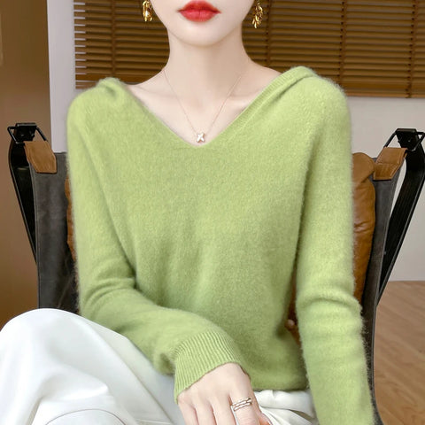 2025 New Women's Hooded Sweater 100% Merino Wool Seamless Knit Long Sleeve Pullover Cozy Comfort Fit Versatile Daily Wear