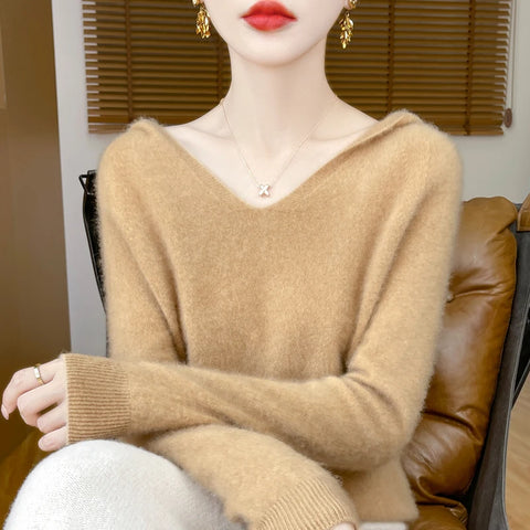 2025 New Women's Hooded Sweater 100% Merino Wool Seamless Knit Long Sleeve Pullover Cozy Comfort Fit Versatile Daily Wear
