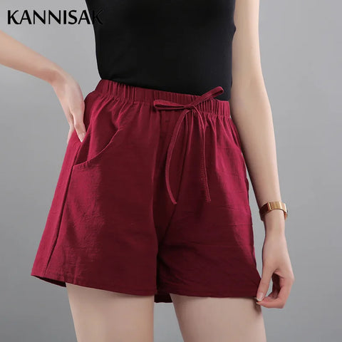 Women Shorts Summer 2025 Korean Wide Leg Casual Solid Drawstring Elastic Waist Shorts Girls Cotton Women's Mini Biker Shorts