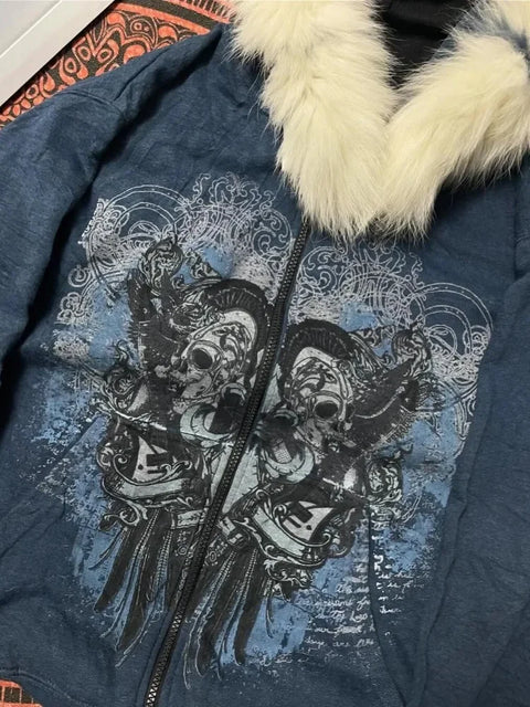 American Vintage Skull Sweatshirts Subcultural Y2k Aesthetic Women's Hoodies Autumn Winter Hooded Cardigan Coat Women Fur Print