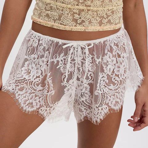 Combhasaki Women Floral Lace Sheer See-through Eyelash Hem Shorts Casual Elastic High Waist Wide Leg Loungewear Summer Bottoms