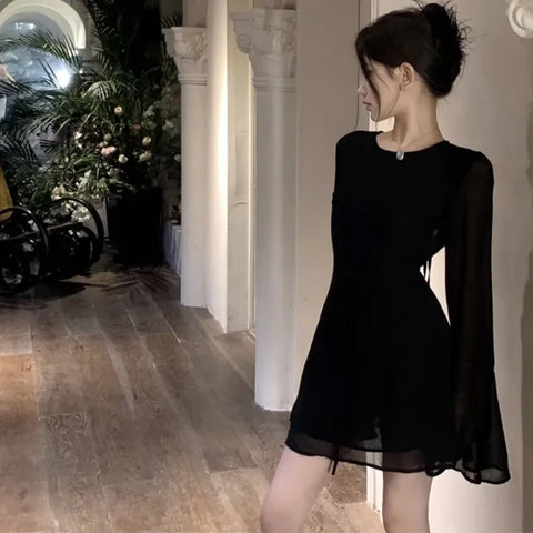 Solid Dresses Women Mini Retro Summer Spicy Ladies Backless Lace-up Sexy Designed Long Sleeve Korean Style Elegant Vintage Ins