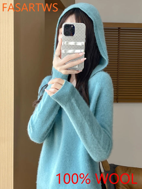 2025 New Women's Hooded Sweater 100% Merino Wool Seamless Knit Long Sleeve Pullover Cozy Comfort Fit Versatile Daily Wear