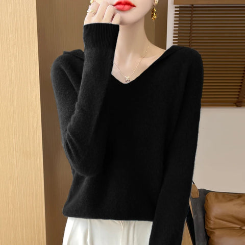 2025 New Women's Hooded Sweater 100% Merino Wool Seamless Knit Long Sleeve Pullover Cozy Comfort Fit Versatile Daily Wear