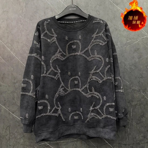 2024 Autumn New European Heavy Industry Hot Diamond Bear Short Sweatshirt Women Loose Slim Full Diamond Cartoon Women Top