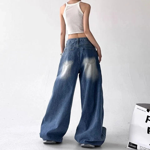 Y2K Fashion Irregular Patchwork Jeans Women Korean Chic Streetwear Hip Hop Straight Trousers Bf High Waist Casual Denim
