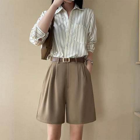 Fashion Wide Leg Suit Shorts Woman Summer Thin Breathable Knee Length Shorts Women Loose Solid Color Elastic Waist Short Pants