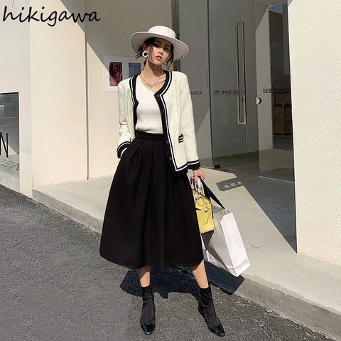 Temperament Skirts Women Clothing 2025 Faldas Mujer De Moda High Waist A-line Vintage Skirt Black Big Swing Thicked Saia 7m556