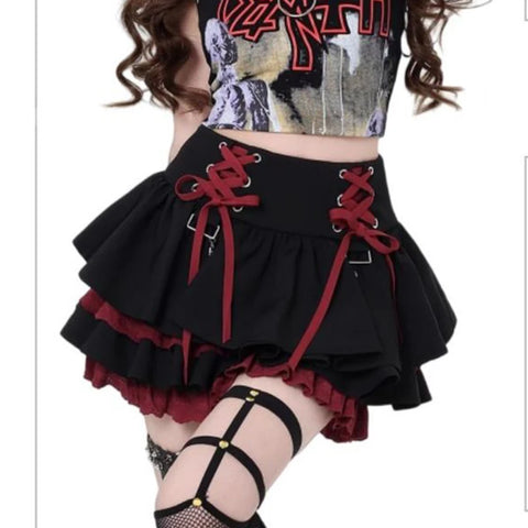 Korean Y2K Subculture Skirts for Women Lace Up Hotsweet Streetwear Mini Skirts High Waist A Line High Street Female Cake Skirts