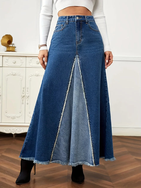 2023 Autumn New Women's Denim Long Skirt Fashion Loose Spliced Denim Swing Skirt Female Casual Clothes XS-L Drop Shipping