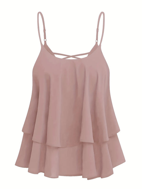 plus Size Ladies Solid Color Chiffon Double Layer Meat Concealing Top with Fine Strap Cross Back Design for Daily Commuting And