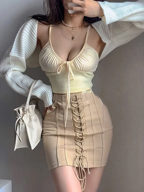 Sexy Beige Basic Bra Tops Woman Off Shoulder Tank Top With Thin Strap 100% Cotton Bustier Lingerie Cute Front Bow Tied Camis