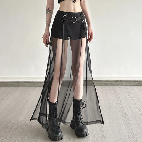 Dark Solid Shorts With Split Maxi Skirts Gothic See Through Ring Low-Waisted Shorts Women 2025 Summer Fashion Streetwear Lady