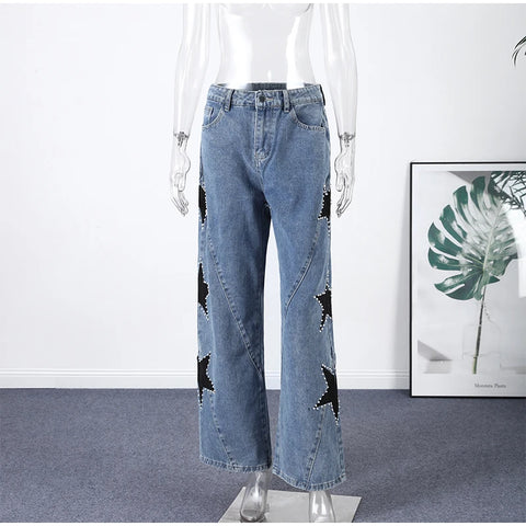 Y2K Women's Diamond Star Blue Jeans High Waist Pockets Zipper Wide Leg Denim Pant 2026 Summer Autumn Lady Street All-match Pants