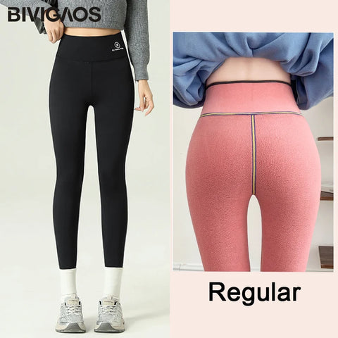 BIVIGAOS Winter Pink Velvet Warm Sharkskin Leggings Women Airplane Print High Waist Butt Lifter Thick Insulated Leggings Autumn