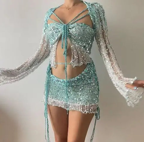 Sexy Beach Women's Fishnet Skirt Suits Summer Sequin Hollow Out Lace Up Long Sleeve Tube Tops + Wrap Hip Mini Skirt 2 Piece Set