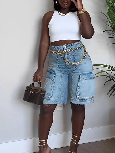 CM.YAYA Women Fashion Pocket Side Straight Knee Length Cargo Jeans 2025 Summer Party Street Short Pants