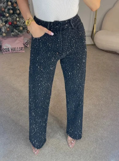 Women's Jeans 2025 Spring Autumn New Fashion Full Diamond Washed Denim Jeans Spicy Girl High Waist Casual Straight Leg Pants