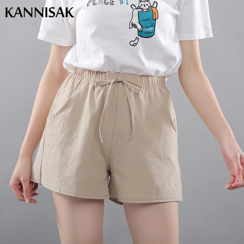 Women Shorts Summer 2025 Korean Wide Leg Casual Solid Drawstring Elastic Waist Shorts Girls Cotton Women's Mini Biker Shorts
