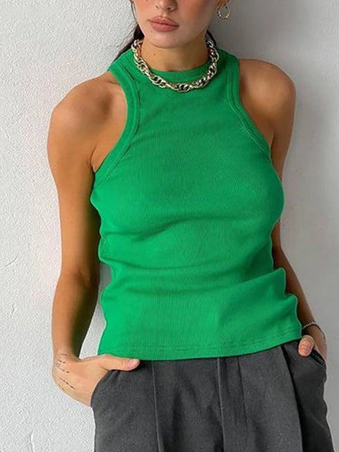 Women's Ribbed Knitted Tank Top Off-Shoulder Sporty Casual Summer Basic Shirts in White Black Green - Neckline Vest Style