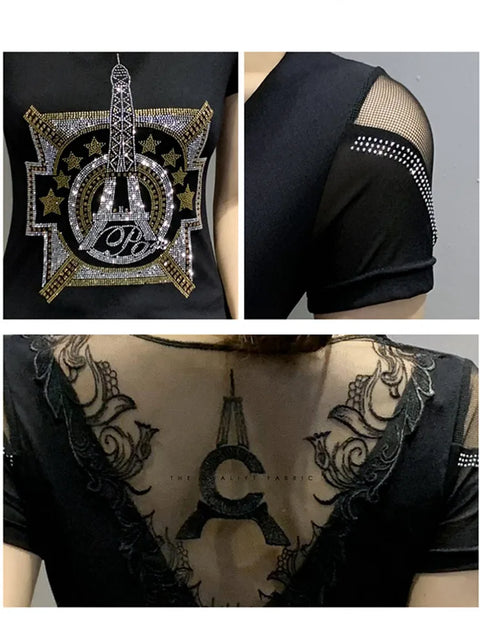 2024 New T-shirt Casual Short Sleeve Fashion Luxury Eiffel Tower Diamonds Women Tops High-End Sexy Back Mesh Tees High Quality
