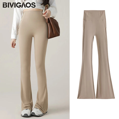 BIVIGAOS New White Micro Flared Leggings Women High Waist Slim Butt Lifter Yoga Horseshoe Pants Stretch Sexy Shark Flared Pants