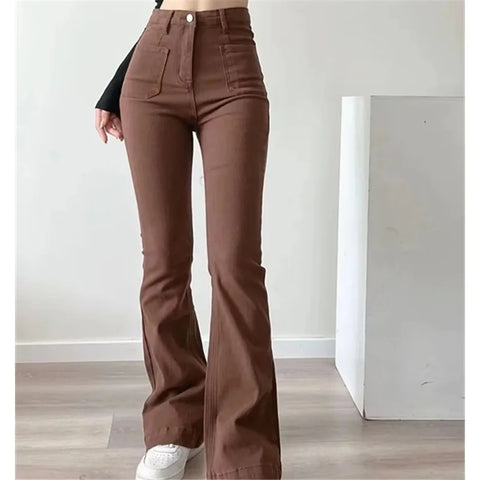 Women Flared Jeans Loose Denim Pants Bottom Straight High Waist Stretch Spring Autumn Solid Color Female Fashion Streetwear