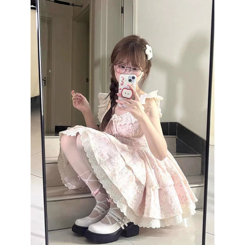 MEXZT Kawaii Floral Mini Dress Women Japanese Cutecore Lace Ruffles Dresses Summer Party Flying Sleeve Bodycon A Line Vestidos