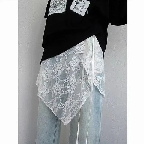 Korean Fashion Lace Irregular Skirt Curtain White Flowers Lace Mesh Halfbody Skirt Women Summer Bottoms Jeans Decorative Hemline