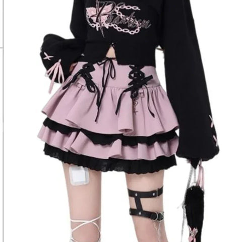Korean Y2K Subculture Skirts for Women Lace Up Hotsweet Streetwear Mini Skirts High Waist A Line High Street Female Cake Skirts