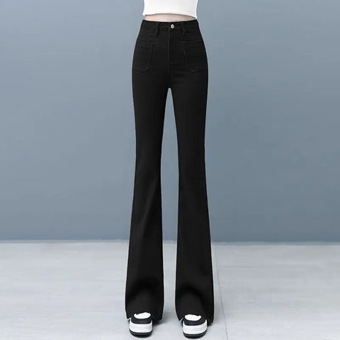 Women Flared Jeans Loose Denim Pants Bottom Straight High Waist Stretch Spring Autumn Solid Color Female Fashion Streetwear