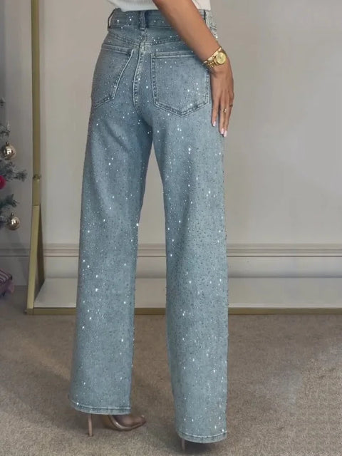 Women's Jeans 2025 Spring Autumn New Fashion Full Diamond Washed Denim Jeans Spicy Girl High Waist Casual Straight Leg Pants