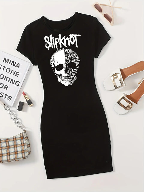 Plus Size Women's Sexy 3D Sculpted Wrap Dress Stretchy Breathable Dress Style with Artistic Skull Text Print Round Neck Dress