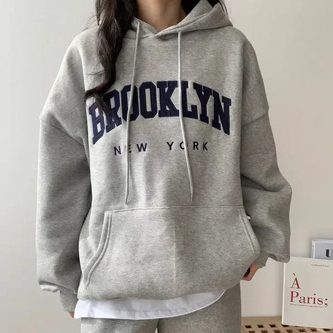 American Style printed Letter Hooded Sweatshirt Women's Loose Fit Thickened Fleece Lined Cross-border Clothing